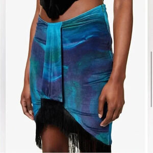 Farai London Edena Stretch Velvet Fringe Turquenite High Low Mini Skirt S NWT